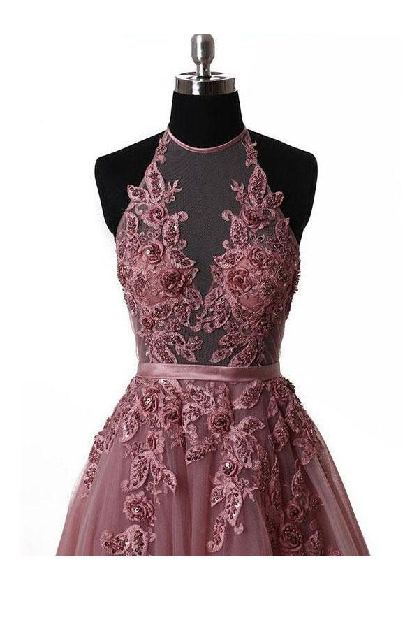 Halter Blush Train Simple Prom/Evening Dress With Lace Applique PG550 - Pgmdress