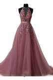Halter Blush Train Simple Prom/Evening Dress With Lace Applique PG550