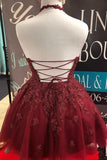 Halter Burgundy Lace A-Line Cute Backless Homecoming Dress PD373 - Pgmdress