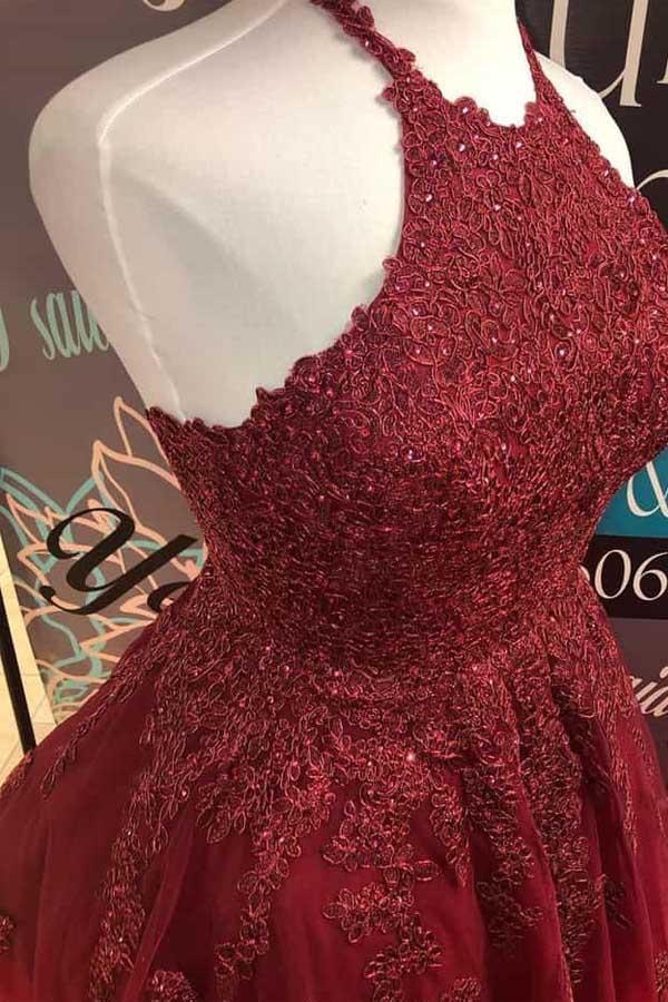 Halter Burgundy Lace Appliques A-Line Cute Homecoming Dress Pgmdress Halter Burgundy Lace Appliques A-Line Cute Homecoming Dress Pgmdress