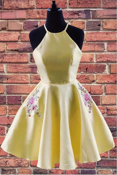 Halter Embroidered Yellow Satin Homecoming Dress with Pockets PD324 US0 / Custom Color