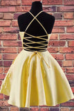 Halter Embroidered Yellow Satin Homecoming Dress with Pockets PD324 - Pgmdress