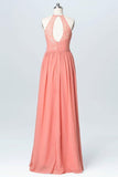 Halter Lace Long Chiffon Peach Bridesmaid Dresses  BD060- Pgmdress