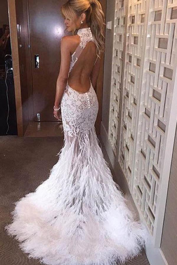 Halter Neck Feather Mermaid Appliques Prom Dress With Court Train PG358 - Pgmdress