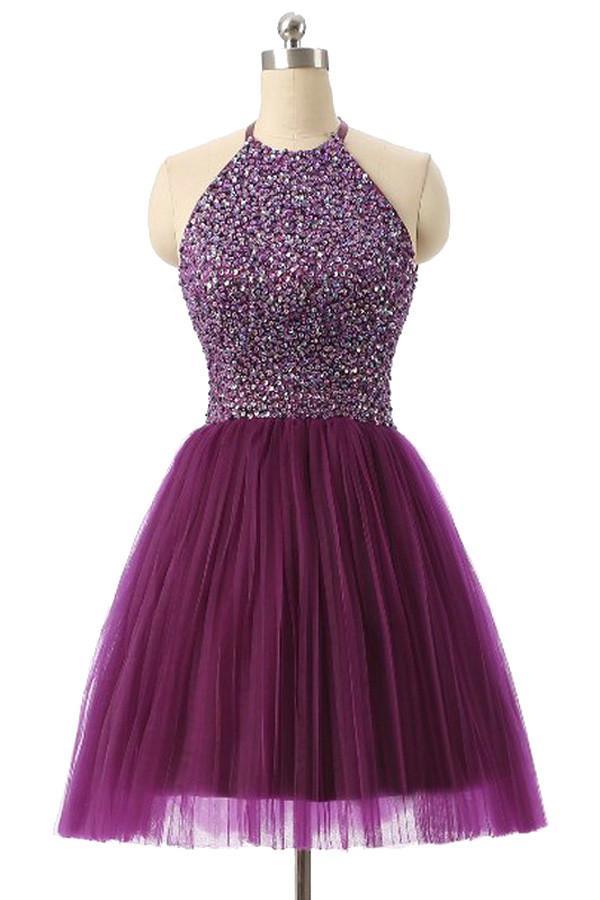 Halter Sleeveless Short Purple Homecoming Dresses Prom Dresses PG014 - Pgmdress