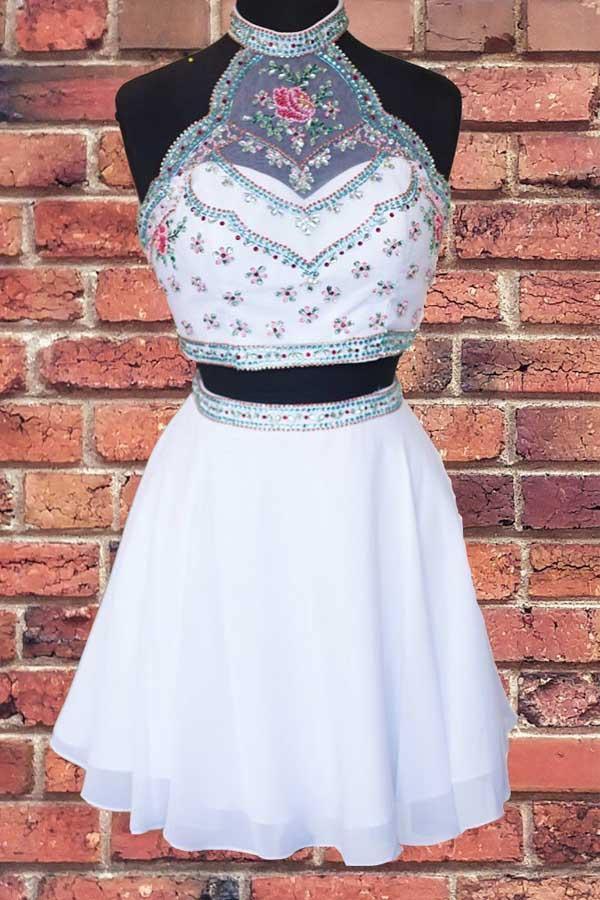 Halter Two Piece Beading White Short Prom Dress Homecoming Dress PD325 - Pgmdress