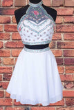 Halter Two Piece Beading White Short Prom Dress Homecoming Dress PD325