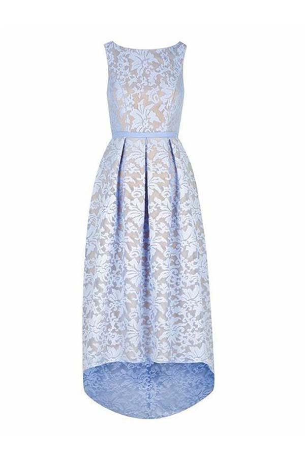 High Low Bateau Sleeveless Light Sky Blue Lace Bridesmaid Dress BD046 - Pgmdress