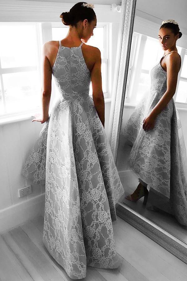 High-Low Sleeveless Grey Satin Prom Dress Evening Dress with Lace PG093 - Pgmdress