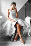 High-Low Sleeveless Grey Satin Prom Dress Evening Dress with Lace PG093 - Pgmdress