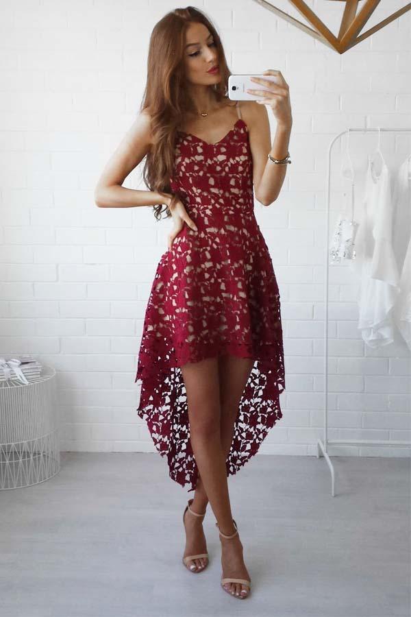 High Low Straps Simple Dark Red Lace Homecoming/Party Dresses PD021 - Pgmdress