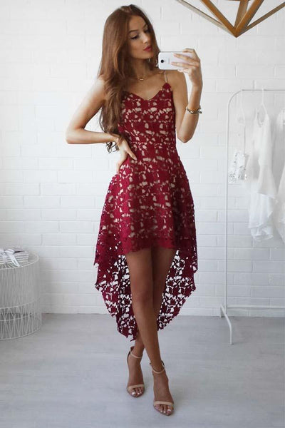 High Low Straps Simple Dark Red Lace Homecoming/Party Dresses US2 / As Picture High Low Straps Simple Dark Red Lace Homecoming/Party Dresses US2 / As Picture