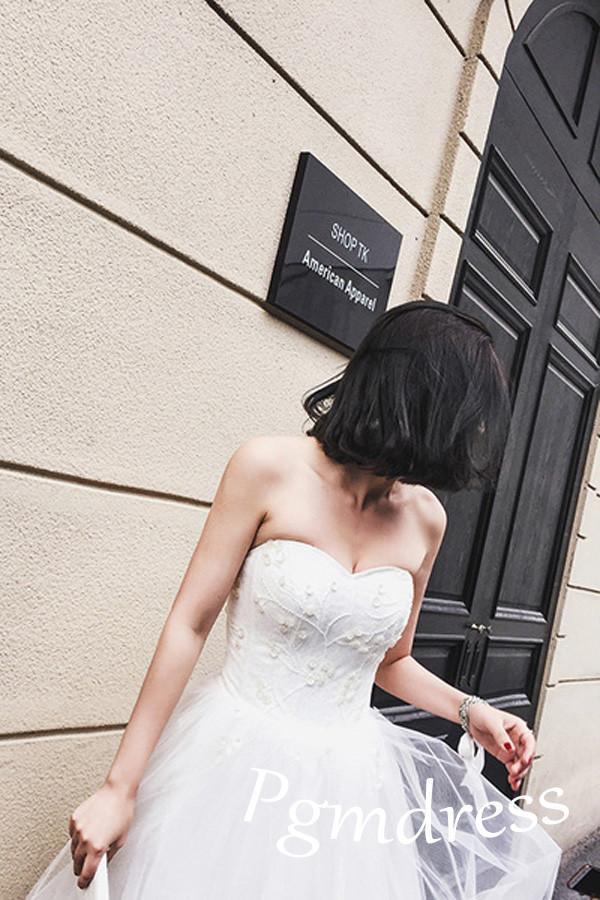 High Low Sweet Heart Tulle Beading Wedding Dresses With Court Train WD085 - Pgmdress