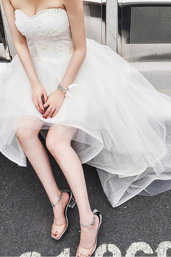 High Low Sweet Heart Tulle Beading Wedding Dresses With Court Train WD085 - Pgmdress