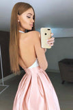 High Neck Backless Short Pink Pleated Homecoming Dress with Lace Bodice PD272 - Pgmdress