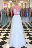 High Neck Halter Pink and White Embroidery Prom Dress with Tie Back PM243 - Pgmdress