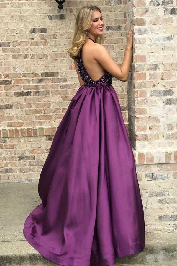 High Neck Purple Long Prom Dresses Beaded Elegant Junior Prom Dress PG839 - Pgmdress