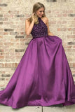 High Neck Purple Long Prom Dresses Beaded Elegant Junior Prom Dress PG839 - Pgmdress