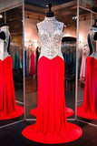 High Neck Sleeveless Red Evening Dresses Prom Dresses With Beading PG332