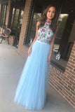 High Neck Tulle Sky Blue Long Prom/Formal Dress with Embroidery PG860 - Pgmdress