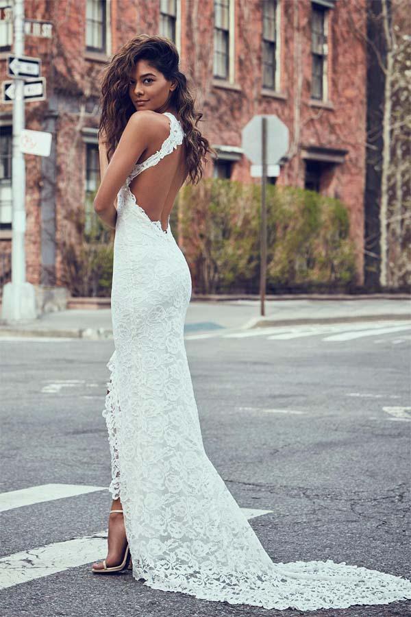 High Neckline Lace Backless Mermaid Wedding Dresses With Court