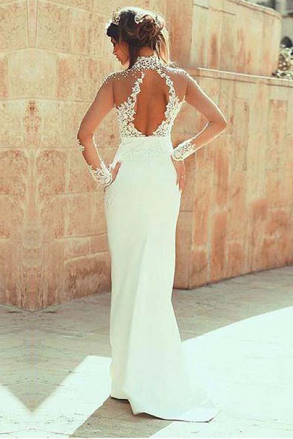 High Neckline Sheath Wedding Dresses With Beaded Lace Appliques WD191 - Pgmdress
