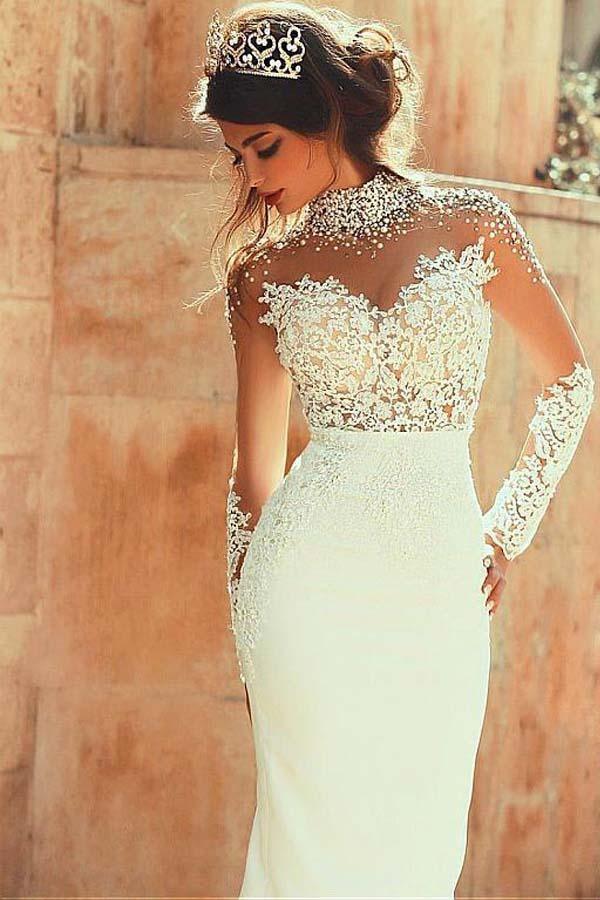 High Neckline Sheath Wedding Dresses With Beaded Lace Appliques WD191 - Pgmdress