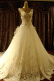 Hochwertige bodenlange Brautkleider mit V-Ausschnitt und Perlenstickerei, Kapellenschleppe WD068 