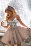 Homecoming Dress Lace Bodice Spaghetti Straps V Neck Mini Party Dresses PD420 - Pgmdress