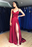 A-line Burgundy Satin Simple Prom Dresses Formal Dress With Split PM227