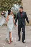Illusion Neckline Split Sweep Train Wedding Dress Open Back Bridal Gown WD471 - Pgmdress