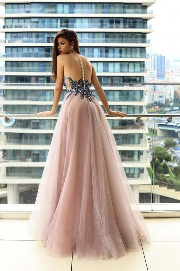 Illusion Round Neck Blush Prom/Evening Dress with Appliques Beading PG811 - Pgmdress