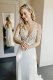 Illusion V-Neck A-line Beach Wedding Dress Chaple Train Sheath Bridal Gown   WD423