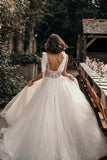 Ivory A-Line Sleeveless Sweep Train Wedding Dress With Sequins WD544 - Pgmdress