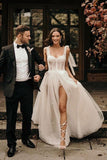 Ivory A-Line Sleeveless Sweep Train Wedding Dress With Sequins WD544 - Pgmdress