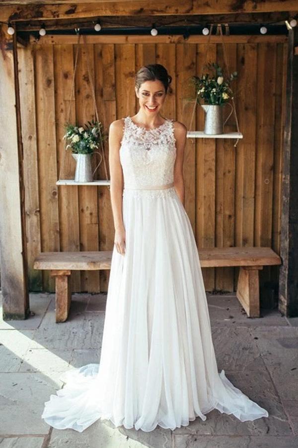 Ivory Beach Wedding Dress Lace Boho Bridal Gown With Train WD533 - Pgmdress