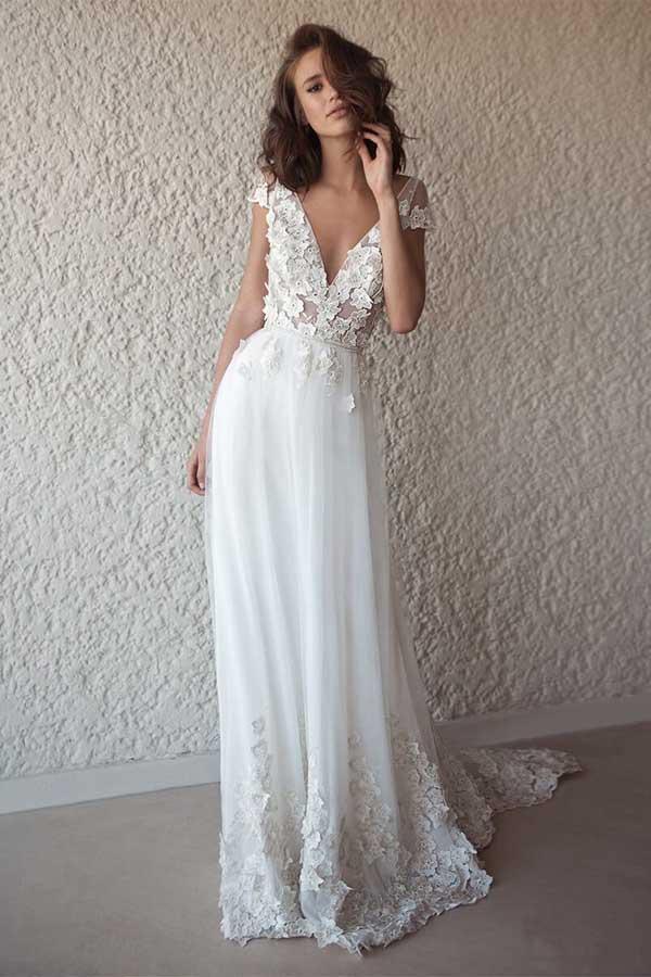 Ivory Cap Sleeve See Through Wedding Dresses Beach Bridal Dress WD332 - Pgmdress