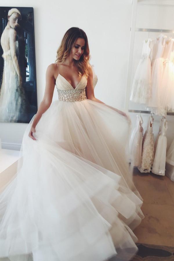 Ivory Court Train Straps A-line/Princess Beading Wedding Dresses WD116 - Pgmdress