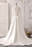 Ivory Lace and Satin V-neck Long Sleeve Beaded Wedding Dress WD144 - Pgmdress