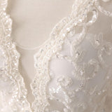 Ivory Lace and Satin V-neck Long Sleeve Beaded Wedding Dress WD144 - Pgmdress