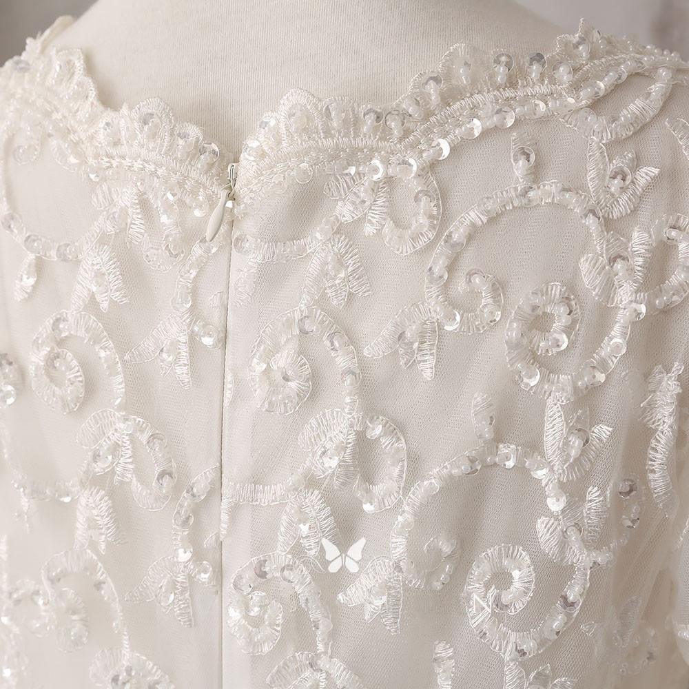 Ivory Lace and Satin V-neck Long Sleeve Beaded Wedding Dress WD144 - Pgmdress