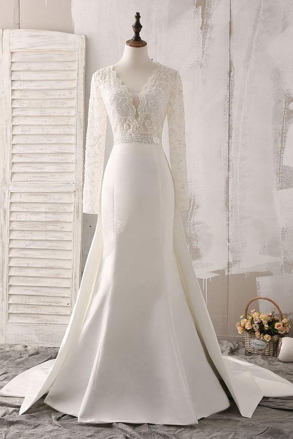 Ivory Lace and Satin V-neck Long Sleeve Beaded Wedding Dress WD144 - Pgmdress