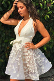 Ivory Lace Applique Halter Backless Homecoming Dresses Graduation Dress PD299 - Pgmdress