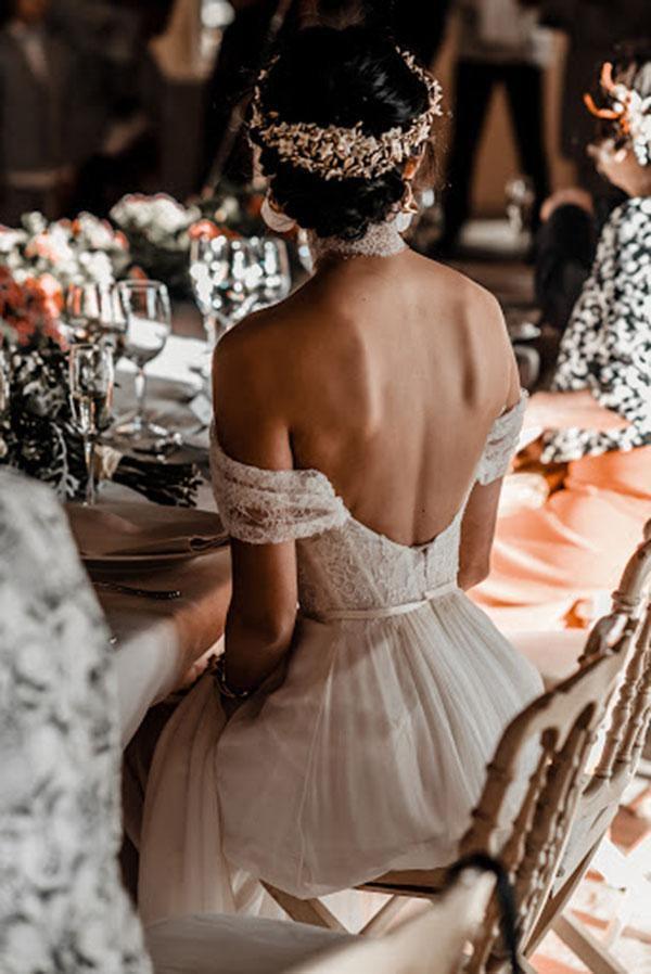 Ivory Lace Off The Shoulder Backless Chiffon Split Wedding Dresses WD511 - Pgmdress