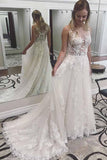 Ivory Lace Wedding Dresses See Through Applique with Court Train   WD296