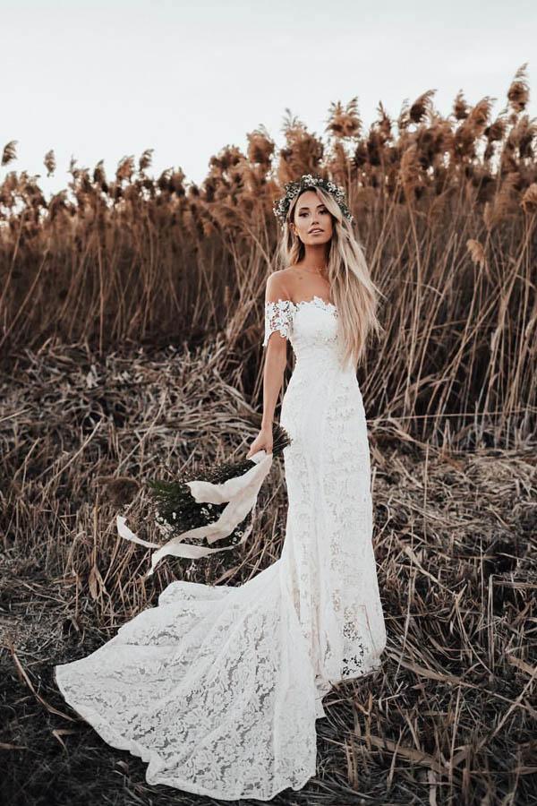 Bohemian Mermaid Lace V-neck Satin Spaghetti Garden Wedding Dress