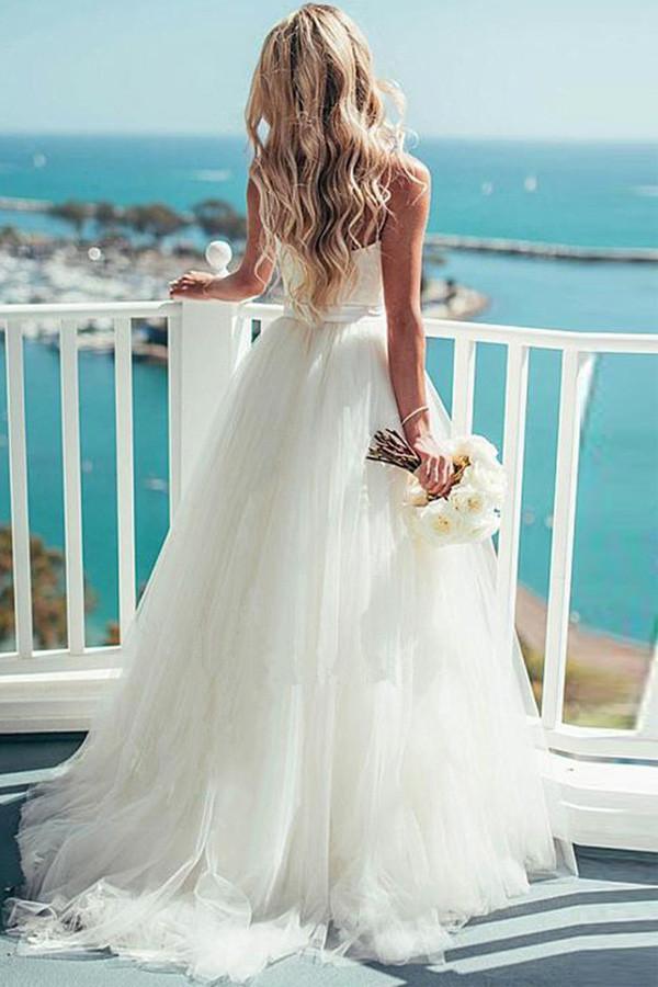 Ivory Tulle Destination Sweetheart Spaghetti Strap Wedding Dress WD082 - Pgmdress