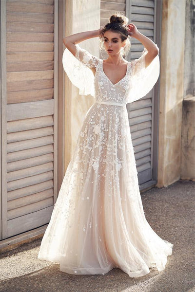 Ivory V Neck Beach Wedding Dresses with Lace Appliques WD546 US0 / Custom Color Ivory V Neck Beach Wedding Dresses with Lace Appliques WD546 US0 / Custom Color