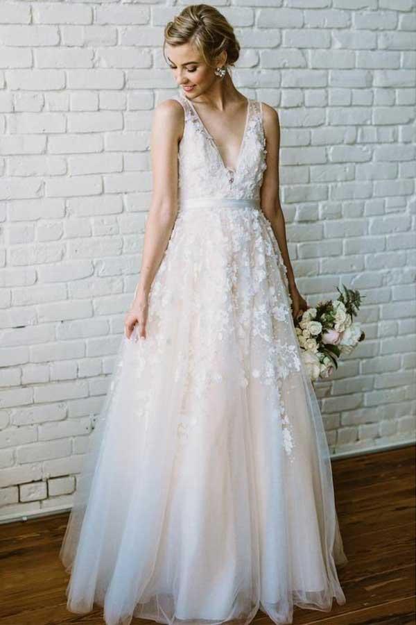 Lace Applique Ivory Wedding Dresses V Neck Beach Wedding Dress WD292 - Pgmdress