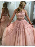 Lace Appliquéd Two Piece Prom Dresses Long Halter Ball Gowns PG727- Pgmdress